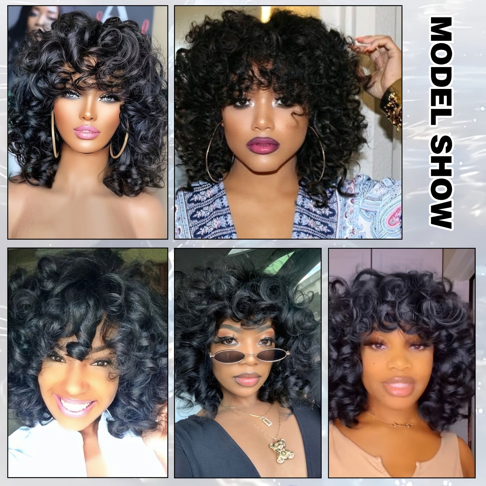 10 Inch Brazilian Virgin Human Hair Wig with Bangs - Glueless Loose Curly 200% Density Rose Net Cap Black Natural Wave Wig for, Daily Wear & Special Occasions, Highdensity Hairpiece